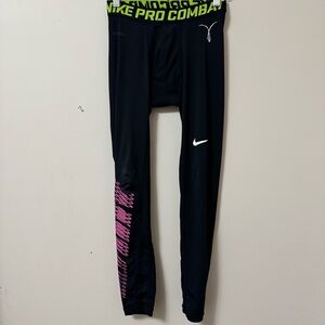 NIKE (M) pro combat Dri-fit black neon yellow legging skinny tights pant
